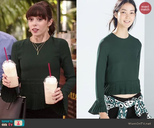 Zara Bottle Green Pleated Top worn by Cristin Milioti on A to Z