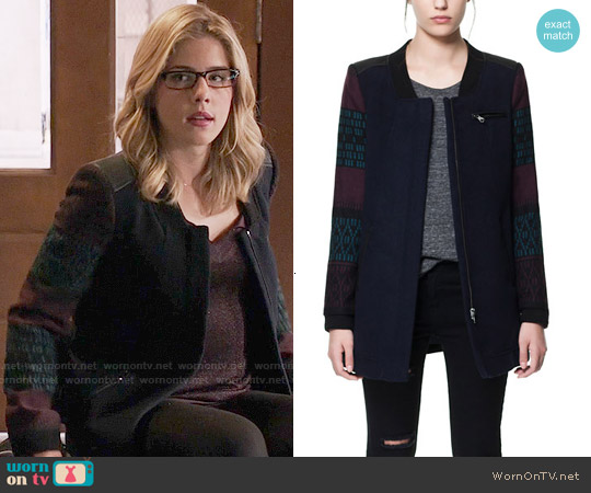 Zara Coat with Jacquard Sleeves worn by Felicity Smoak (Emily Bett Rickards) on Arrow