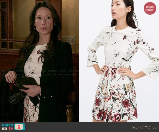 Zara Printed Front Pleat Dress with Pocket worn by Joan Watson (Lucy Liu) on Elementary