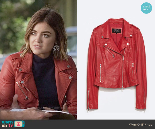 Zara Side Gathered Leather Jacket worn by Aria Montgomery (Lucy Hale) on Pretty Little Liars