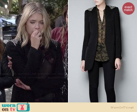 Zara Shoulder Studded Tweed Jacket worn by Ashley Benson on PLL