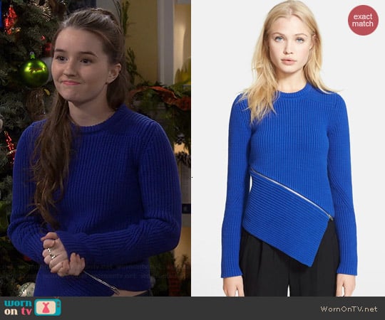 Alexander Wang Zip Peel Away Pullover in China Blue worn by Kaitlyn Dever on Last Man Standing