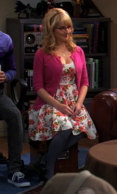 Bernadettes pink floral dress with cardigan on The Big Bang Theory