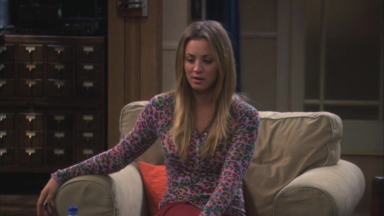 Penny's pink leopard print shirt on The Big Bang Theory