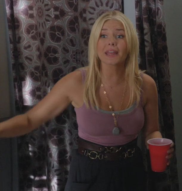 Alex's purple singlet top and brown double belt on Happy Endings
