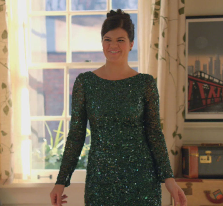 Penny's green glittery longsleeve dress on Happy Endings