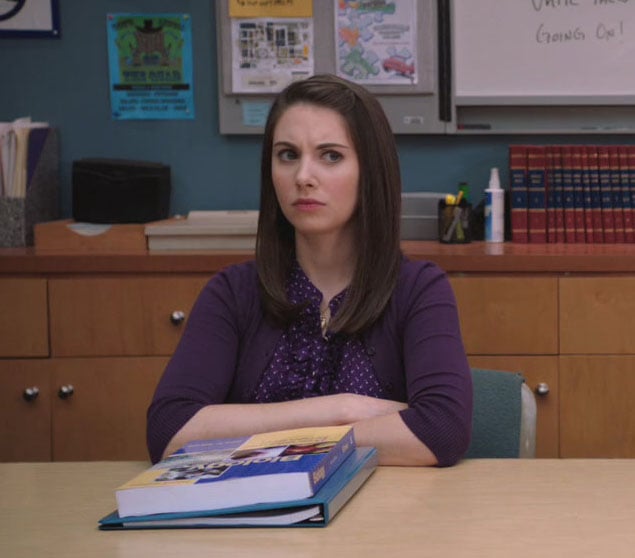 Annie's purple polka dot blouse with cardigan on Community
