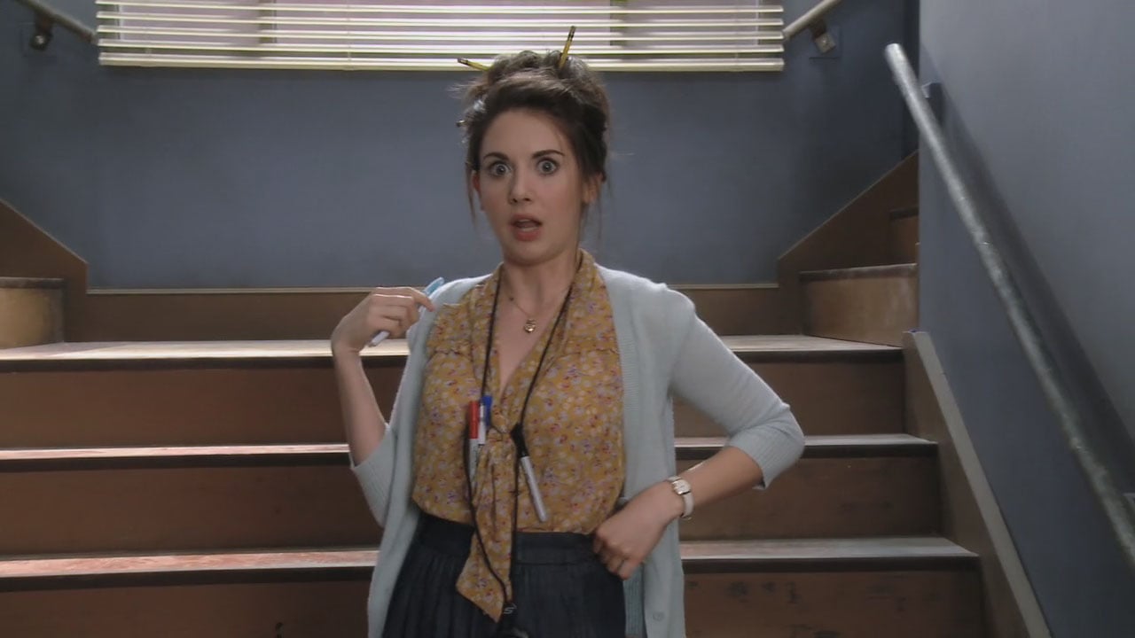 Annie's yellow blouse with pastel blue cardigan on Community