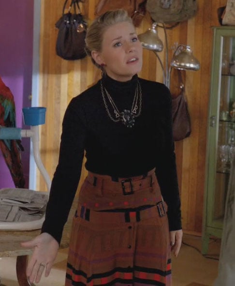 Alex's brown striped midi skirt on Happy Endings