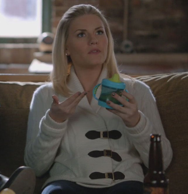 Alex's white knit cardigan with leather buckles on Happy Endings