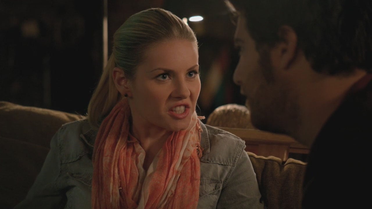 Alex's orange scarf with lightwash denim jacket on Happy Endings