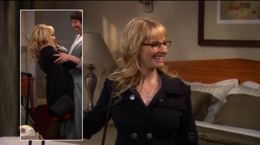 Bernadette's black coat with silver buttons and ruffles on The Big Bang Theory