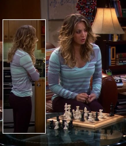 Penny's aqua and purple striped long sleeve tee on The Big Bang Theory