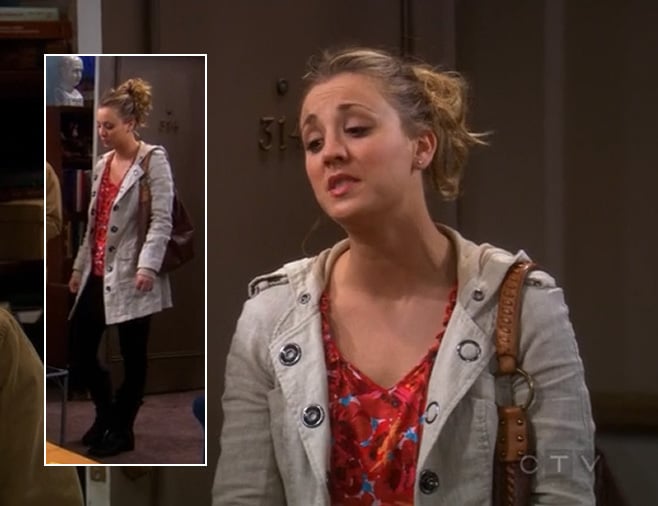 Penny's brown studded handbag and cream coat on The Big Bang Theory