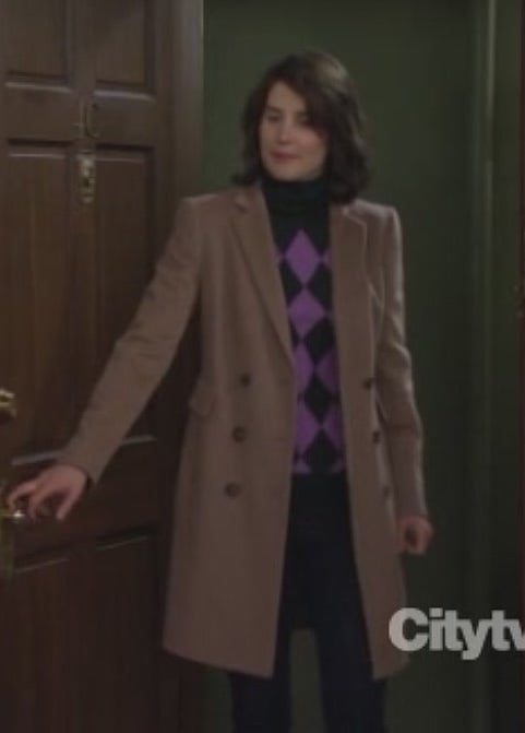 Robin's light brown coat over pink argyle sweater on How I Met Your Mother