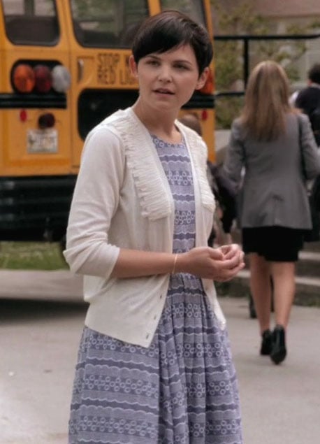 Mary's blue patterned dress and white cardigan on Once Upon a Time