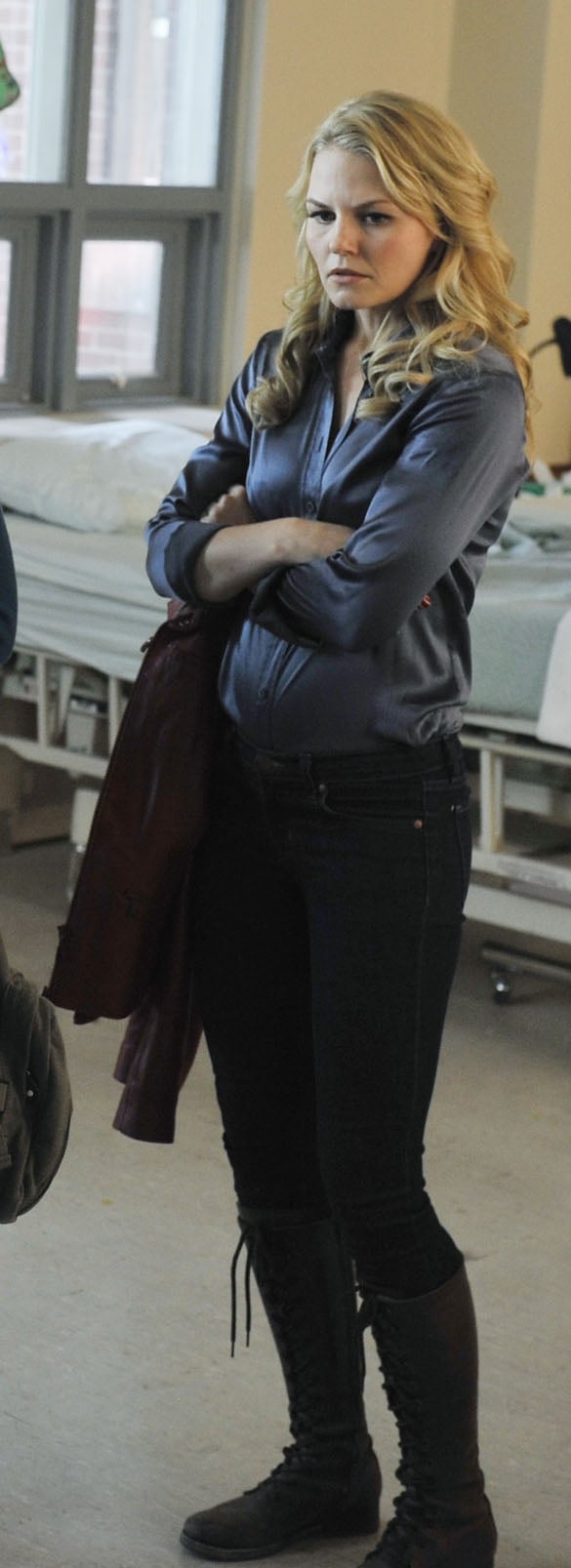 Emma's grey silk blouse and black lace-up flat boots on Once Upon A Time