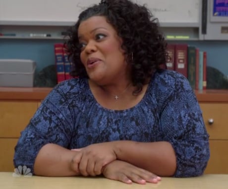 Shirley's blue snakeskin pattern top on Community