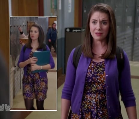 Annie's purple floral dress and cardigan on Community