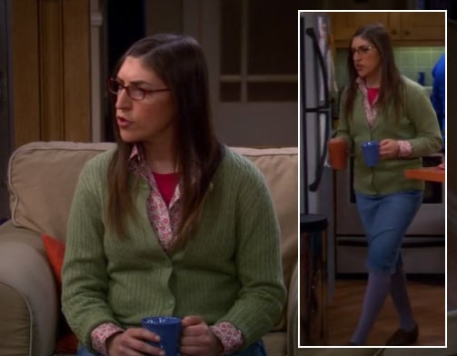 Amy's green cardigan, denim skirt and purple tights on The Big Bang Theory