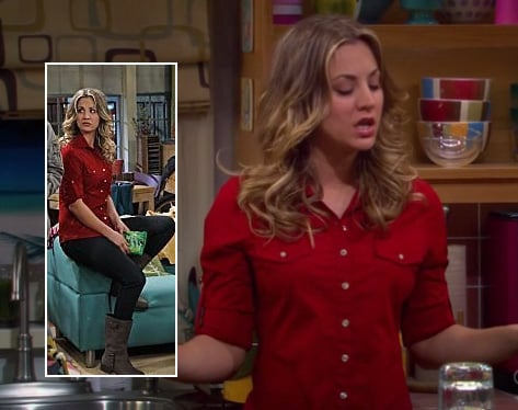 Penny's red button up shirt and brown boots on The Big Bang Theory