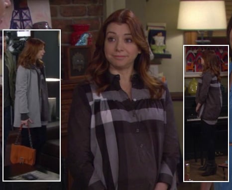 Lily's grey and black check shirt and tan hangbag on How I Met Your Mother
