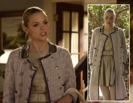Lemon's cream/gold bow dress and tweed coat with peter pan collar