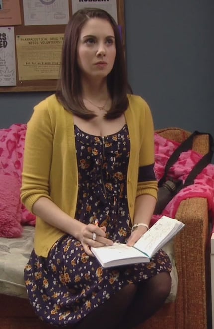 Annie's floral dress with yellow cardigan on Community