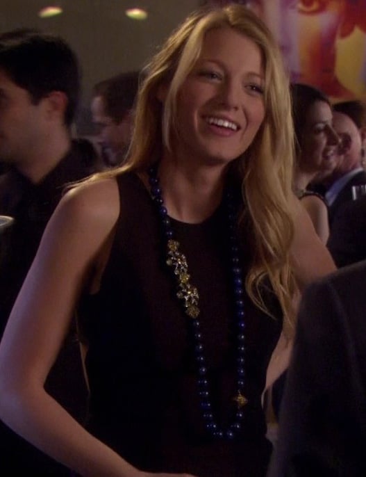 Serena's black dress with blue bead necklace on Gossip Girl