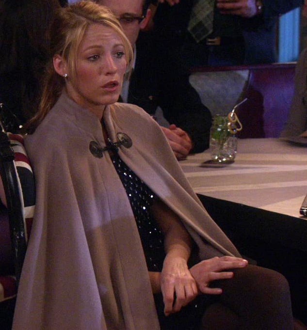Serena's beige toggle cape on Gossip Girl