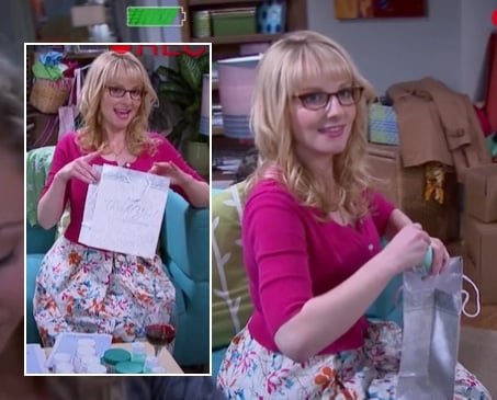 Bernadette's white floral dress with pink cardigan on The Big Bang Theory