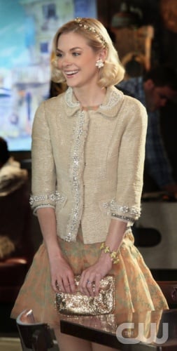Lemon's cream beaded jacket with glittery clutch on Hart of Dixie