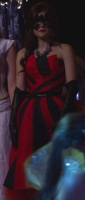 Aria's black and red striped dress at the masquerade gala on Pretty Little Liars