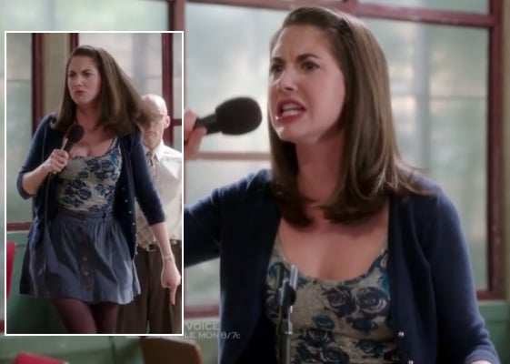 Annie's grey and blue rose top with button down skirt on Community