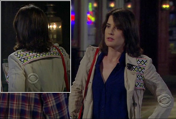 Robin's beige coat with aztec pattern on How I Met Your Mother