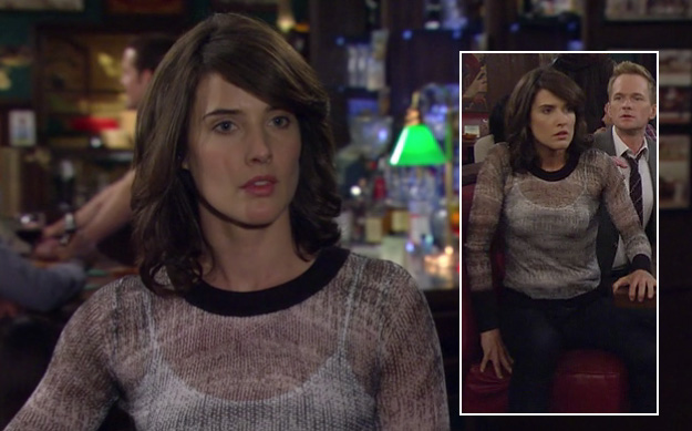 Robin's sheer sweater with black trim on How I Met Your Mother