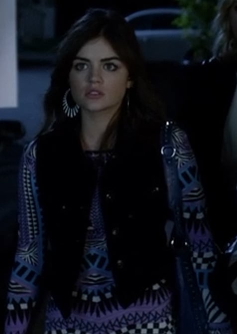 Aria's blue and purple printed longsleeve bodycon dress on Pretty Little Liars