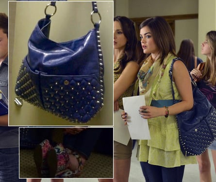 Aria's lime green ruffle top and scarf with studded blue handbag on Pretty Little Liars
