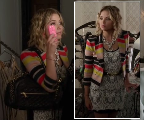 Hanna's striped blazer and white lace dress on Pretty Little Liars