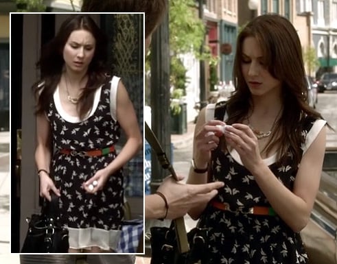 Spencer's bird print top with red and green skinny belt on Pretty Little Liars