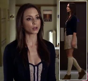 Spencer's oxford wedges with knee high socks and white/navy lace dress on Pretty Little Liars