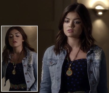 Aria's polka dot dress and denim jacket on Pretty Little Liars