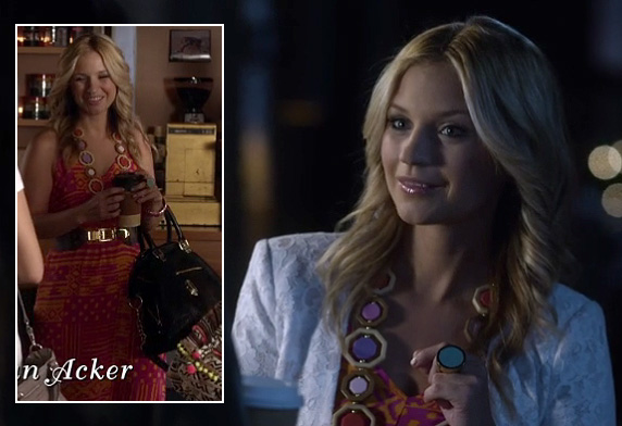 Cece's pink/orange maxi dress and white lace blazer on Pretty Little Liars