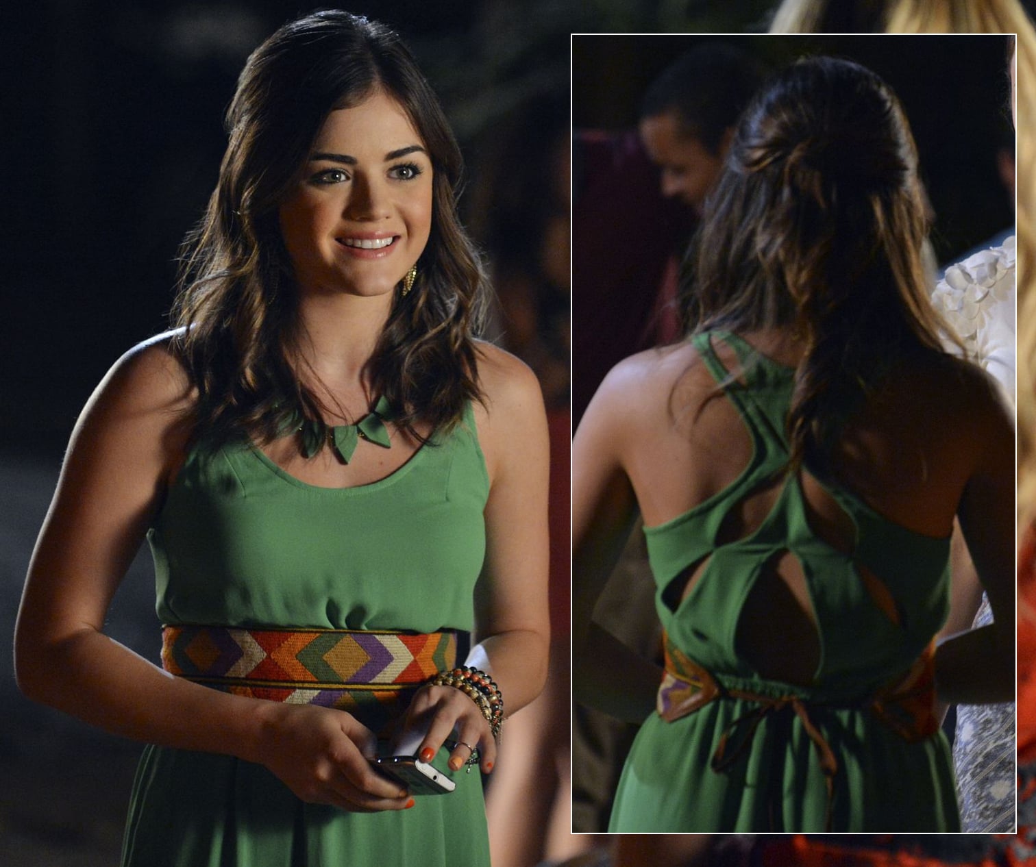 Aria's green dress with cutout back and spiked necklace on Pretty Little Liars