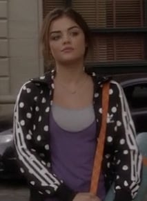 Aria's black and white polka dot hoodie on Pretty Little Liars