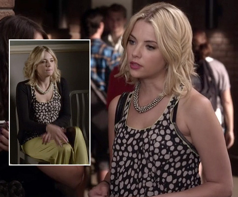 Hanna's black and white spot tank top and lime maxi skirt on Pretty Little Liars