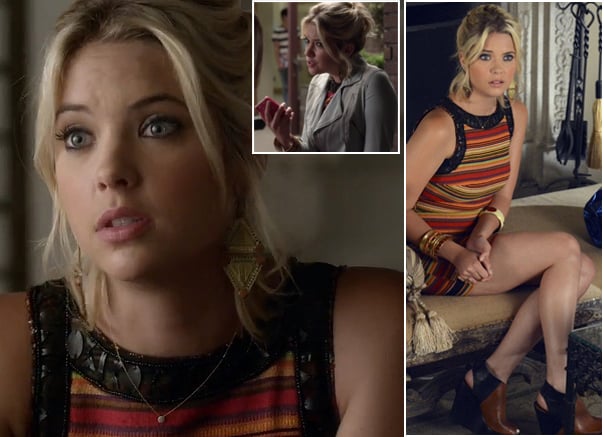 Hanna's orange striped dress, brown wedges on Pretty Little Liars