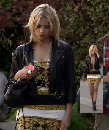 Hanna's yellow mini dress, leather jacket and black studded bag on Pretty Little Liars