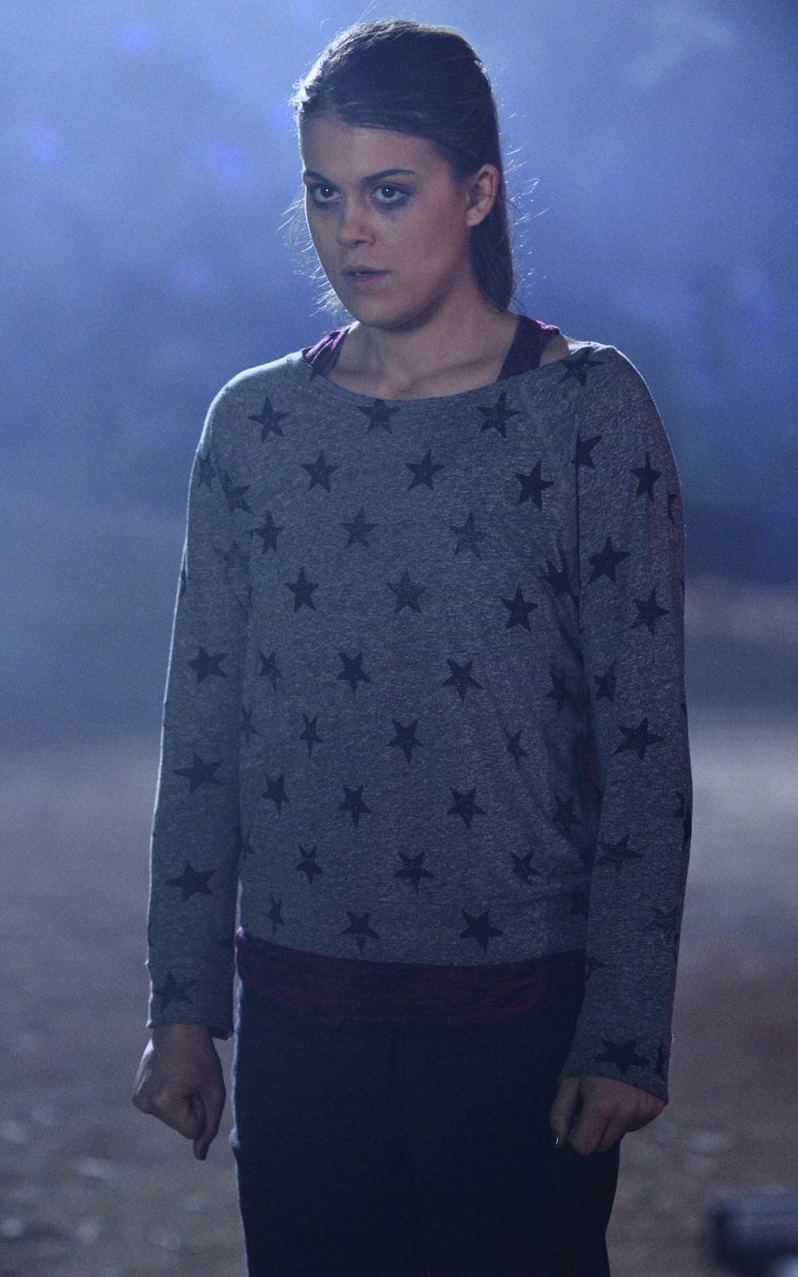 Paige's grey star print sweater on Pretty Little Liars