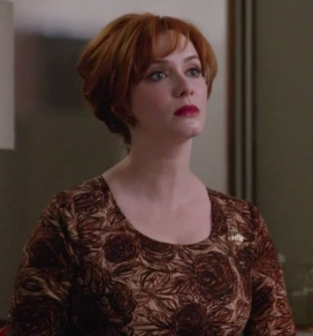 Joan's brown flower print dress on Mad Men